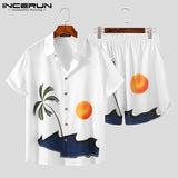 INCERUN Printed Men Sets Streetwear Short Sleeve Lapel Casual Shirt Beach Shorts Summer Vacation Men Hawaiian Suits 2 Pieces 5XL