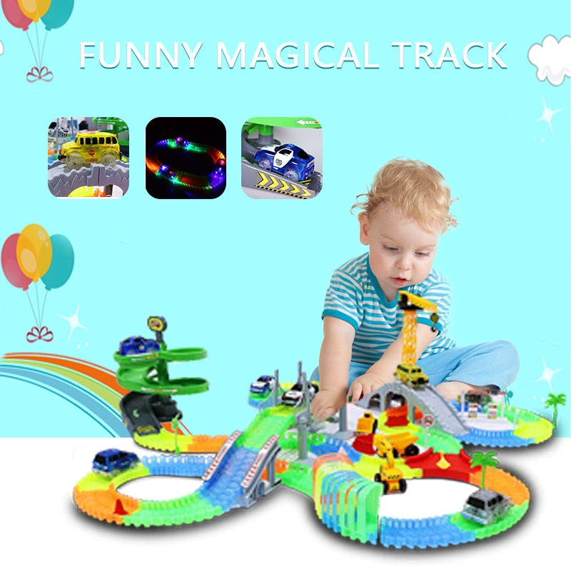 Railway Magical Track Glowing Flexible Car Toys Children Racing Bend Rail DIY Led Electronic Flash Light Toy For Kids