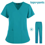 Hot Sales Nurse Uniform Women Short Sleeve Neck Tops Working Uniform Blouse Scrubs Workwear Nursing Women Scrubs Pants Elastic