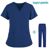Hot Sales Nurse Uniform Women Short Sleeve Neck Tops Working Uniform Blouse Scrubs Workwear Nursing Women Scrubs Pants Elastic