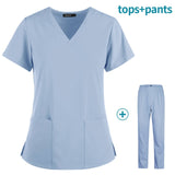 Hot Sales Nurse Uniform Women Short Sleeve Neck Tops Working Uniform Blouse Scrubs Workwear Nursing Women Scrubs Pants Elastic