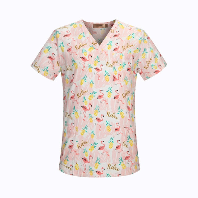 htthdd new cotton Pink flamingo printing nurse scrubs uniform