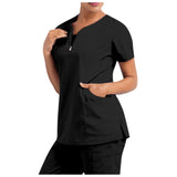 Stretch V-Neck Scrub Top for Women Solid Short Sleeve T-Shirt Beauty Salon Nurse Uniform with Pocket Care Workers Blouse